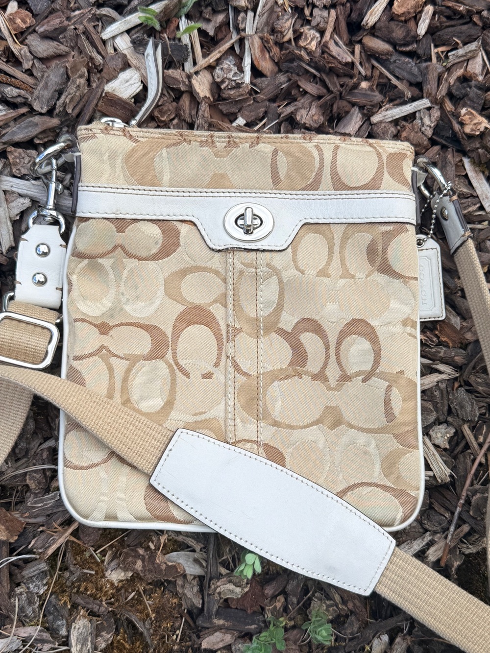 Coach Beige Signature Canvas Crossbody Y2K bag